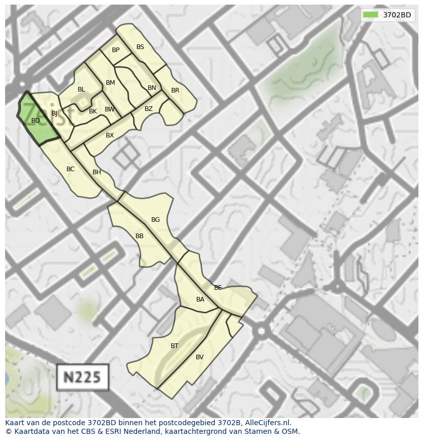 Afbeelding van het postcodegebied 3702 BD op de kaart.