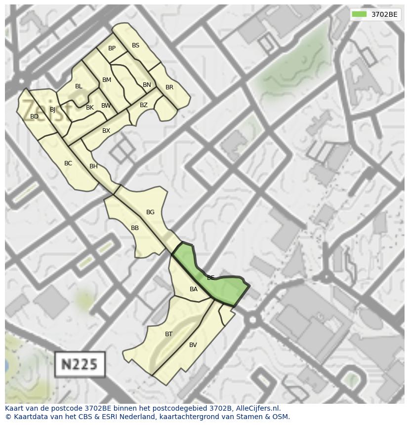 Afbeelding van het postcodegebied 3702 BE op de kaart.