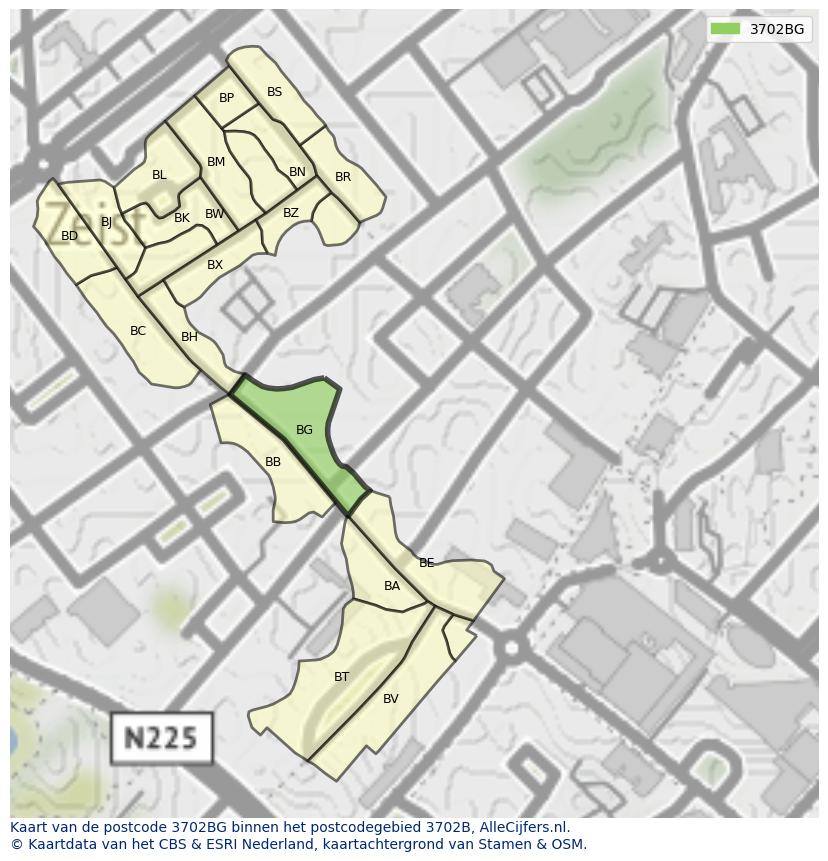 Afbeelding van het postcodegebied 3702 BG op de kaart.