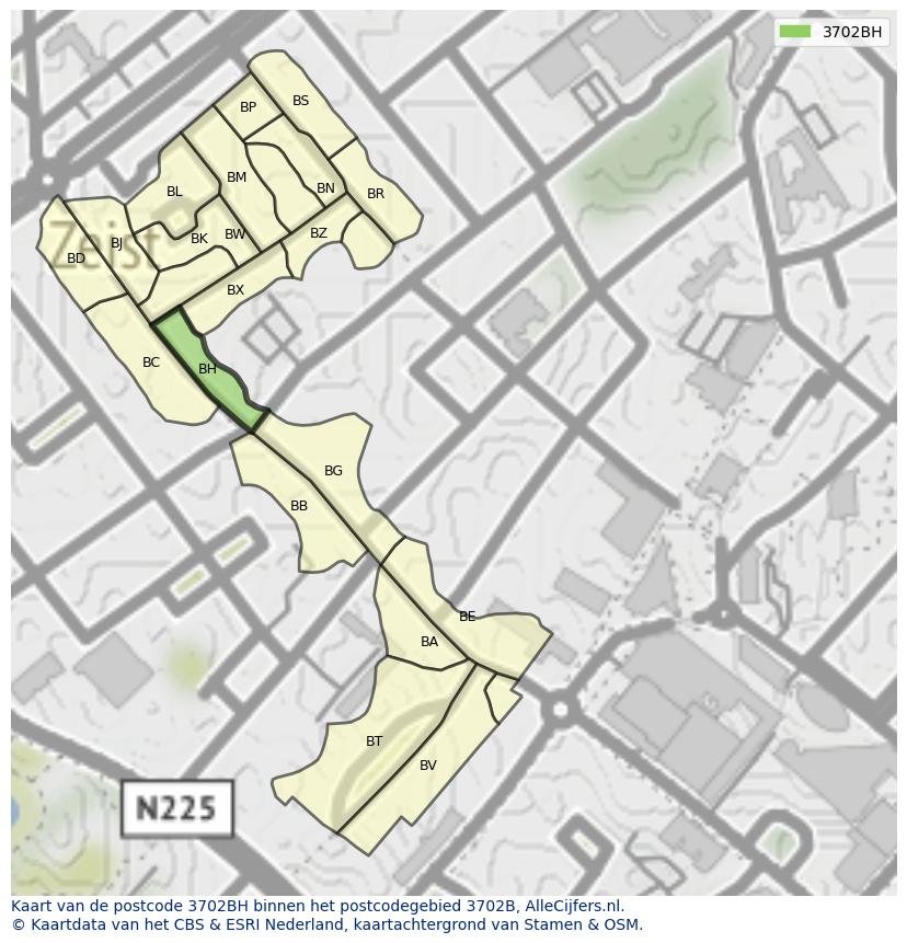 Afbeelding van het postcodegebied 3702 BH op de kaart.