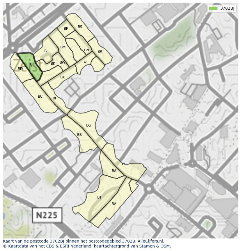 Afbeelding van het postcodegebied 3702 BJ op de kaart.