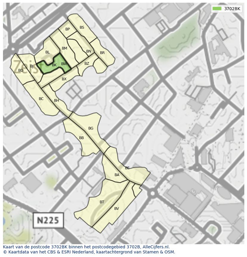 Afbeelding van het postcodegebied 3702 BK op de kaart.