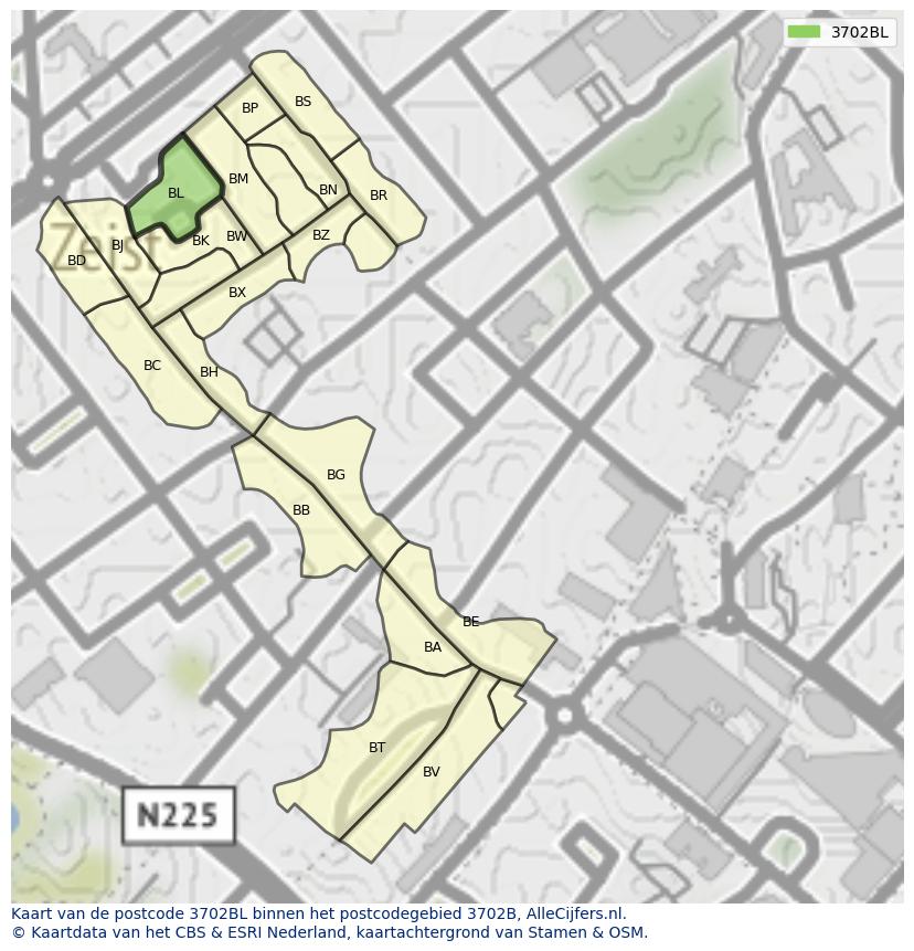 Afbeelding van het postcodegebied 3702 BL op de kaart.