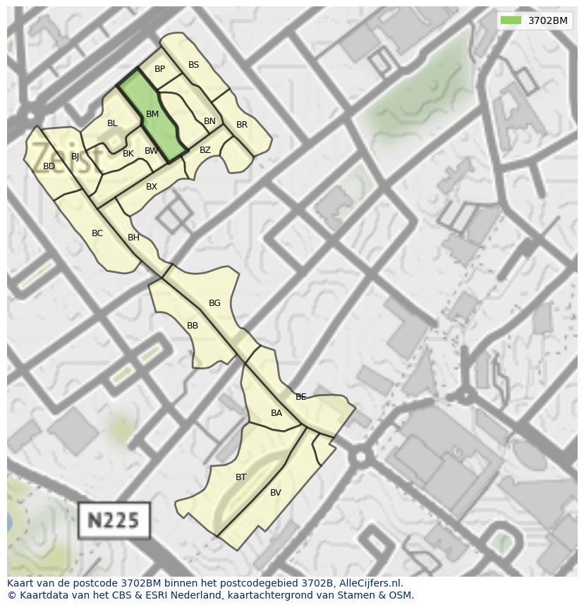 Afbeelding van het postcodegebied 3702 BM op de kaart.