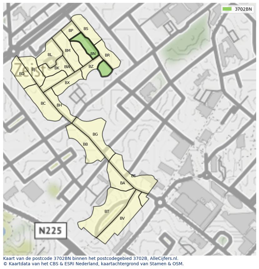 Afbeelding van het postcodegebied 3702 BN op de kaart.