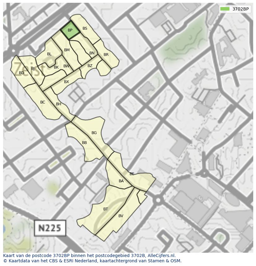 Afbeelding van het postcodegebied 3702 BP op de kaart.