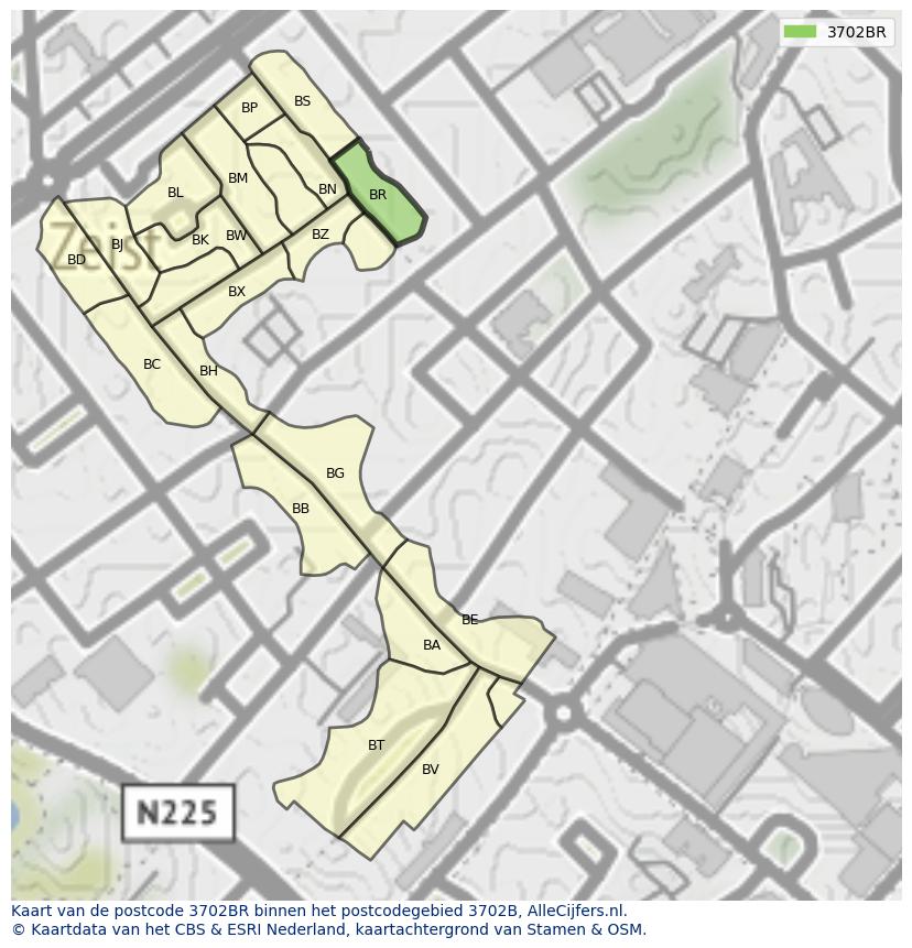 Afbeelding van het postcodegebied 3702 BR op de kaart.