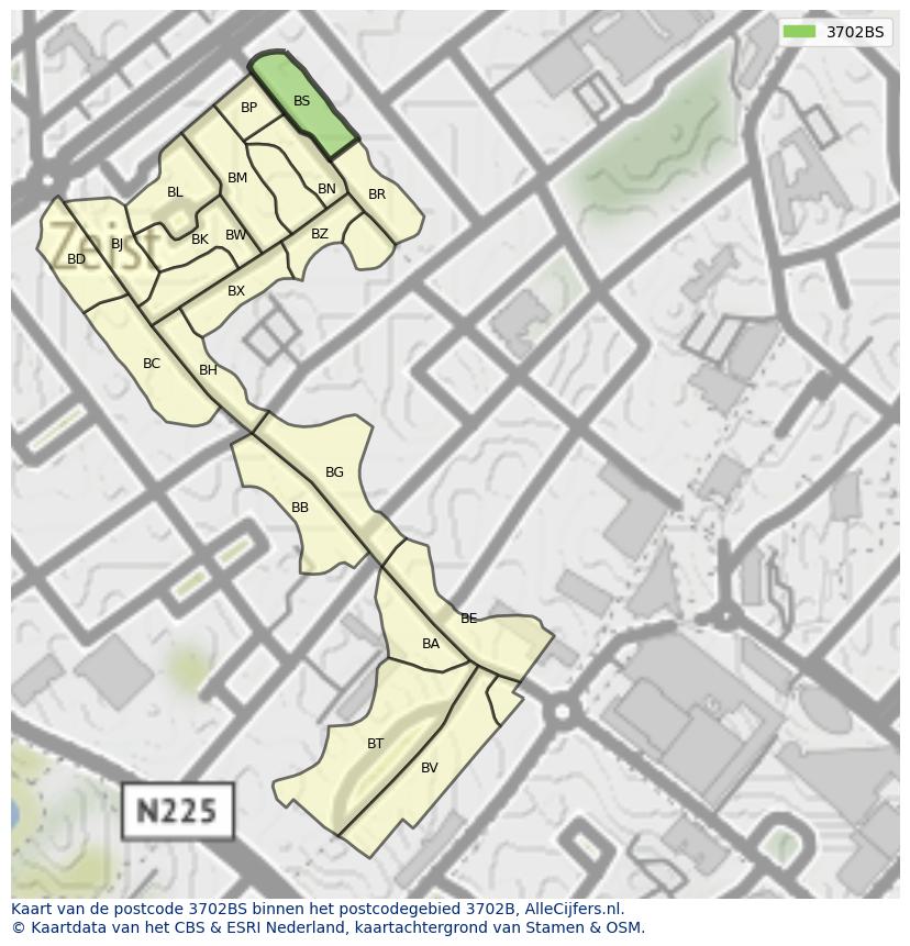 Afbeelding van het postcodegebied 3702 BS op de kaart.