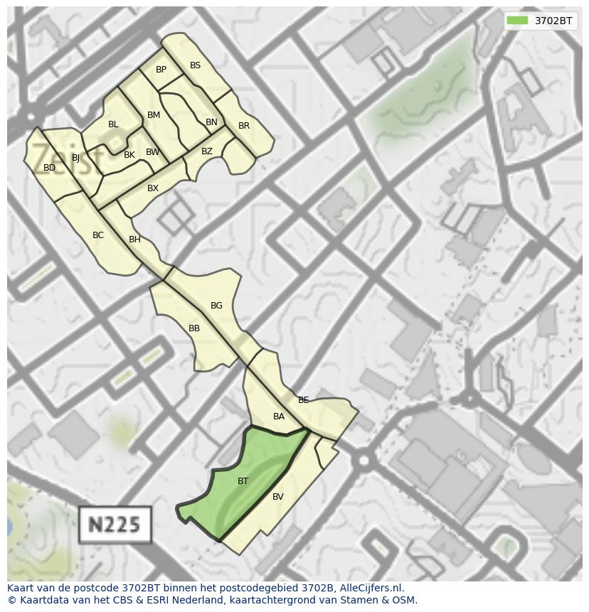 Afbeelding van het postcodegebied 3702 BT op de kaart.