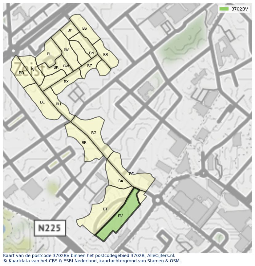 Afbeelding van het postcodegebied 3702 BV op de kaart.