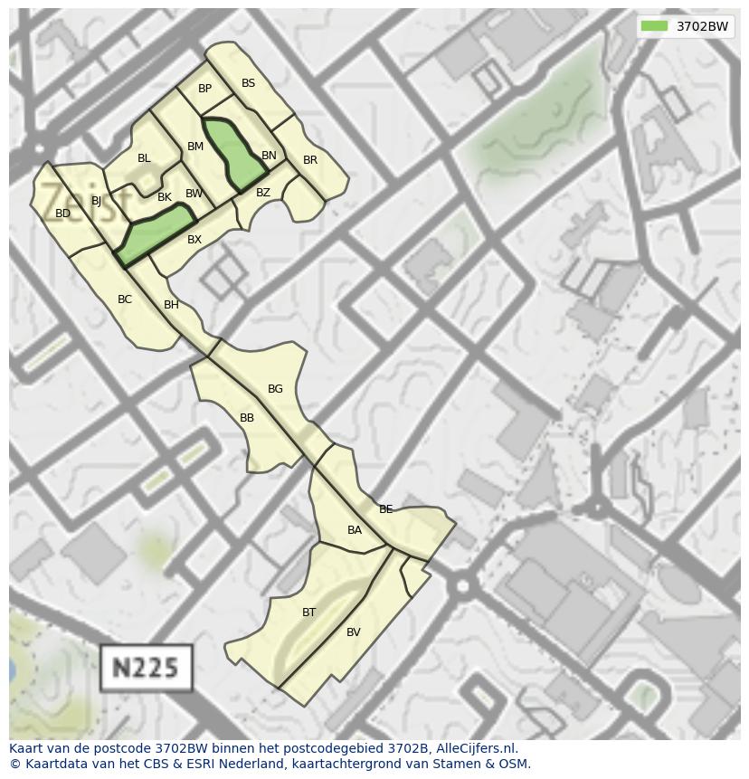 Afbeelding van het postcodegebied 3702 BW op de kaart.