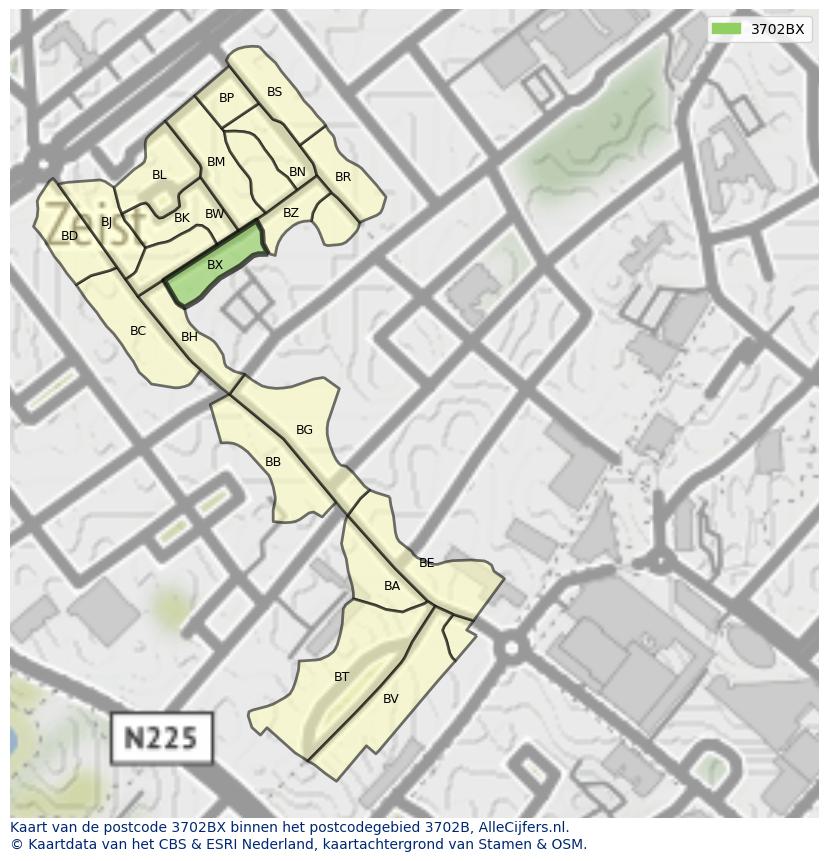Afbeelding van het postcodegebied 3702 BX op de kaart.