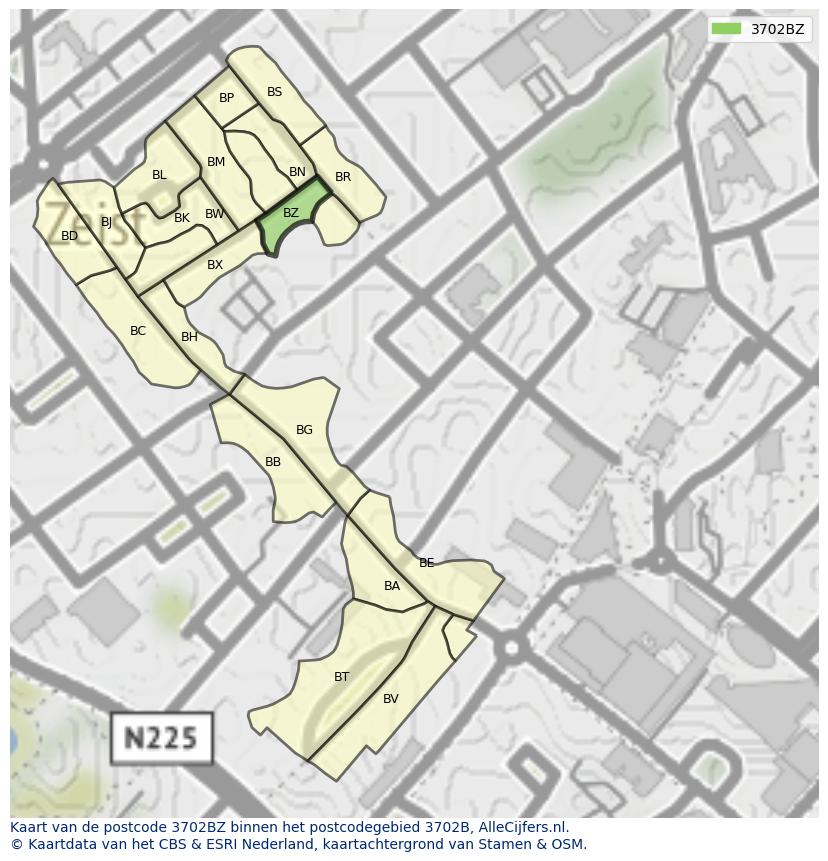 Afbeelding van het postcodegebied 3702 BZ op de kaart.