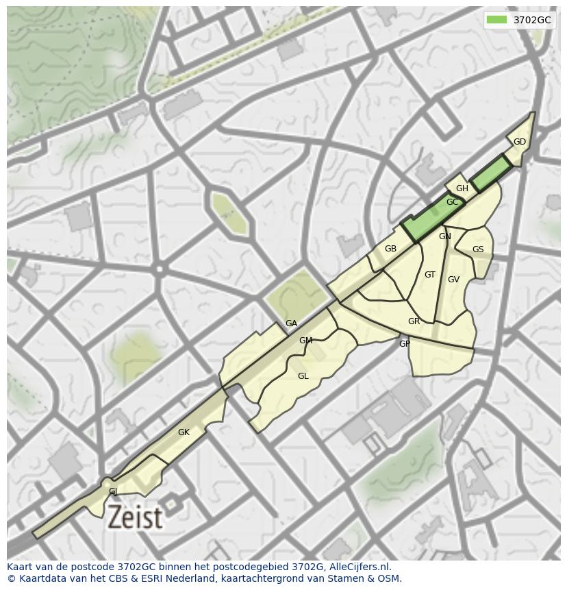 Afbeelding van het postcodegebied 3702 GC op de kaart.