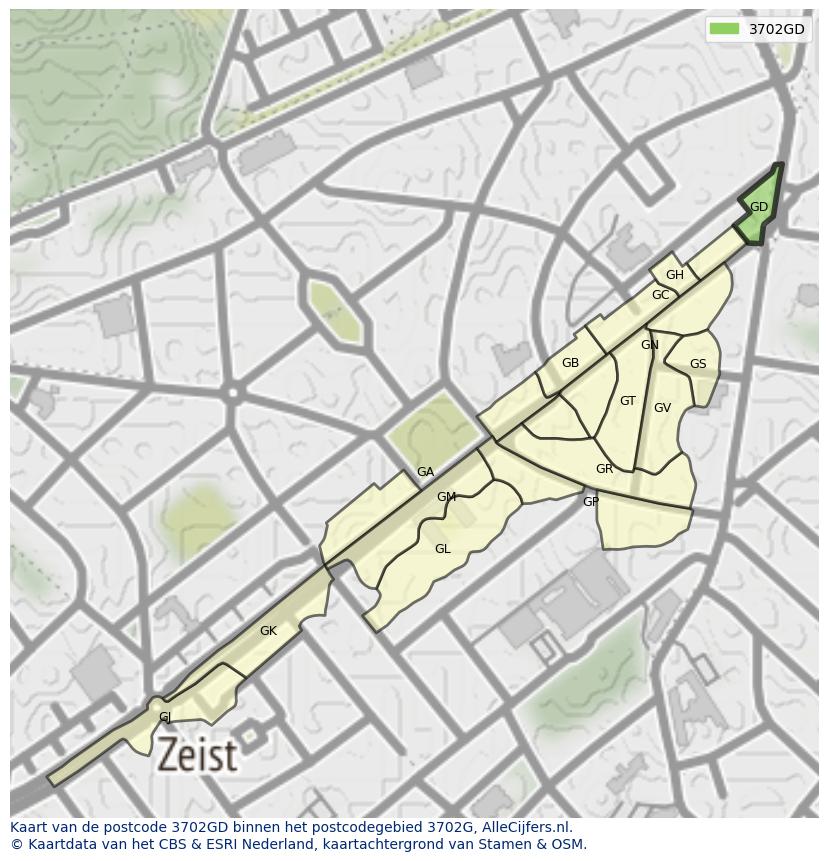 Afbeelding van het postcodegebied 3702 GD op de kaart.