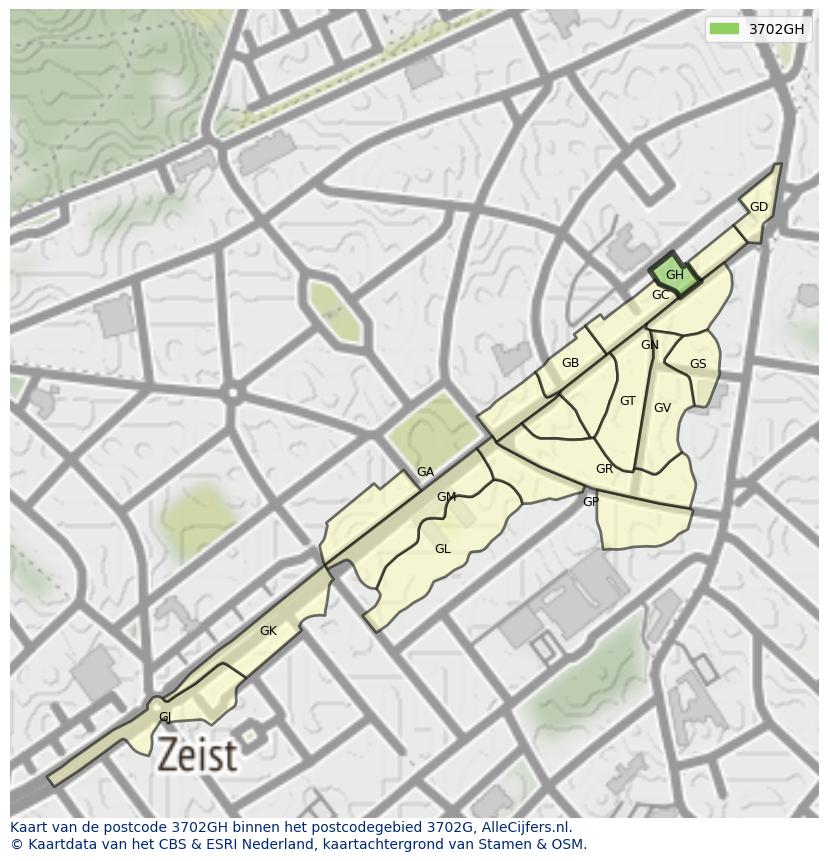 Afbeelding van het postcodegebied 3702 GH op de kaart.