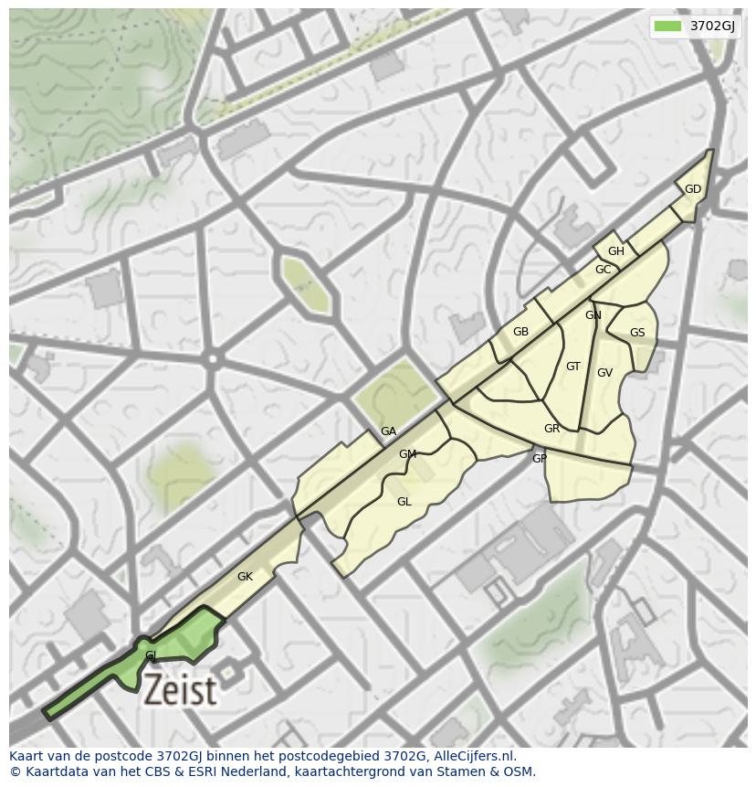 Afbeelding van het postcodegebied 3702 GJ op de kaart.