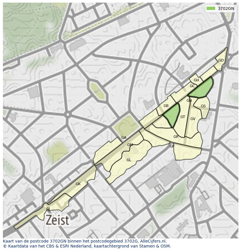 Afbeelding van het postcodegebied 3702 GN op de kaart.