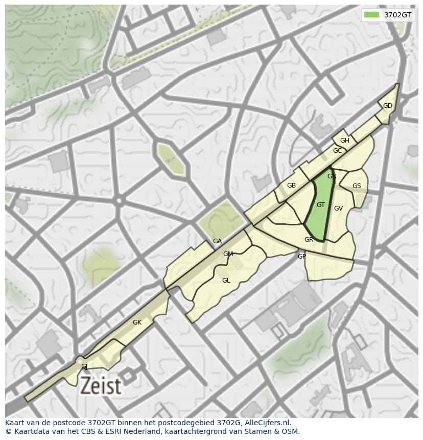 Afbeelding van het postcodegebied 3702 GT op de kaart.