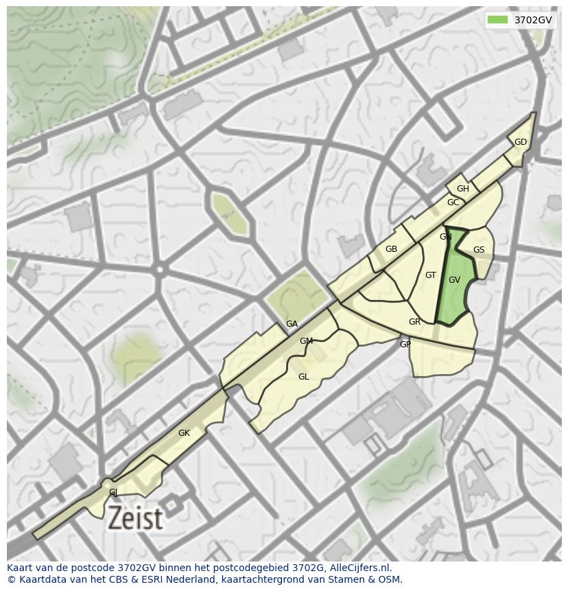 Afbeelding van het postcodegebied 3702 GV op de kaart.