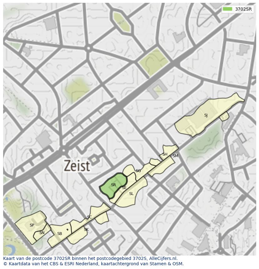 Afbeelding van het postcodegebied 3702 SR op de kaart.