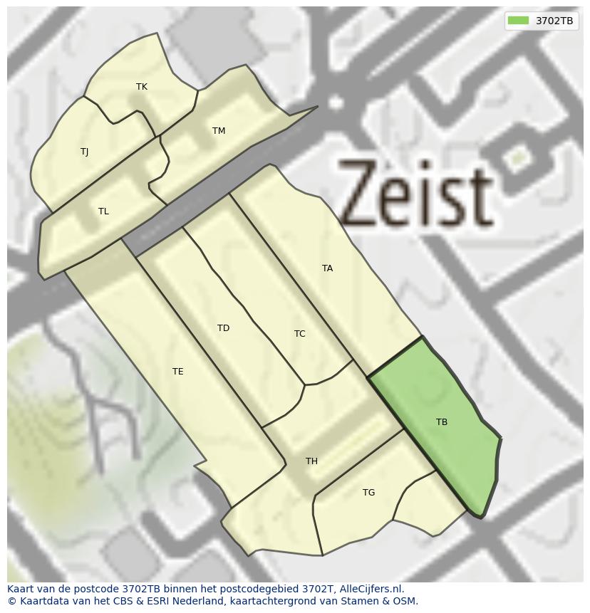 Afbeelding van het postcodegebied 3702 TB op de kaart.