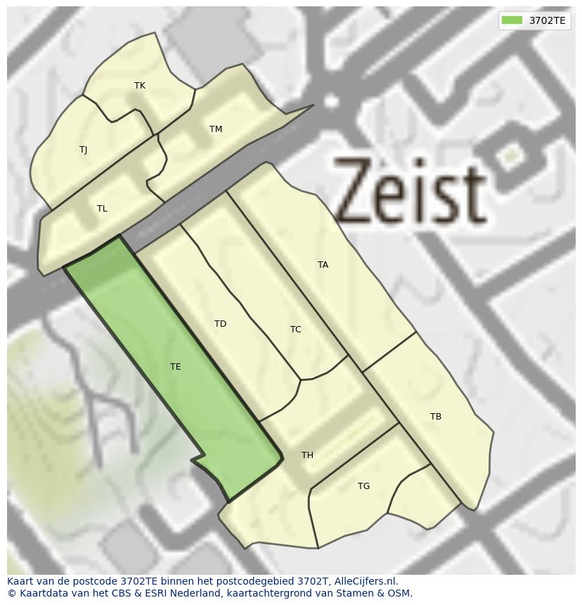 Afbeelding van het postcodegebied 3702 TE op de kaart.