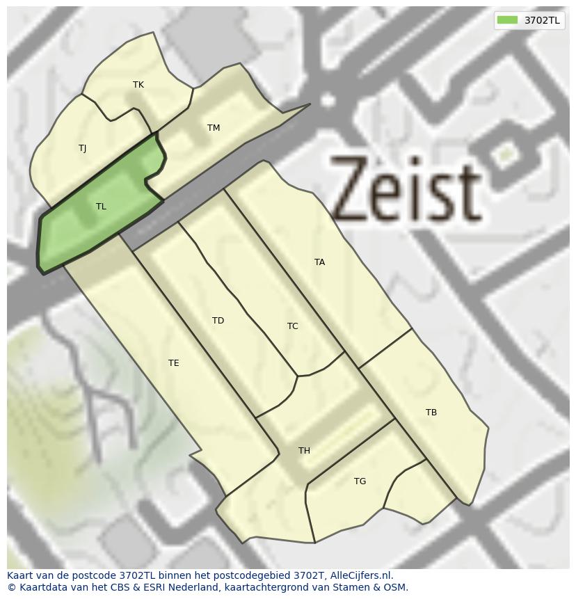 Afbeelding van het postcodegebied 3702 TL op de kaart.