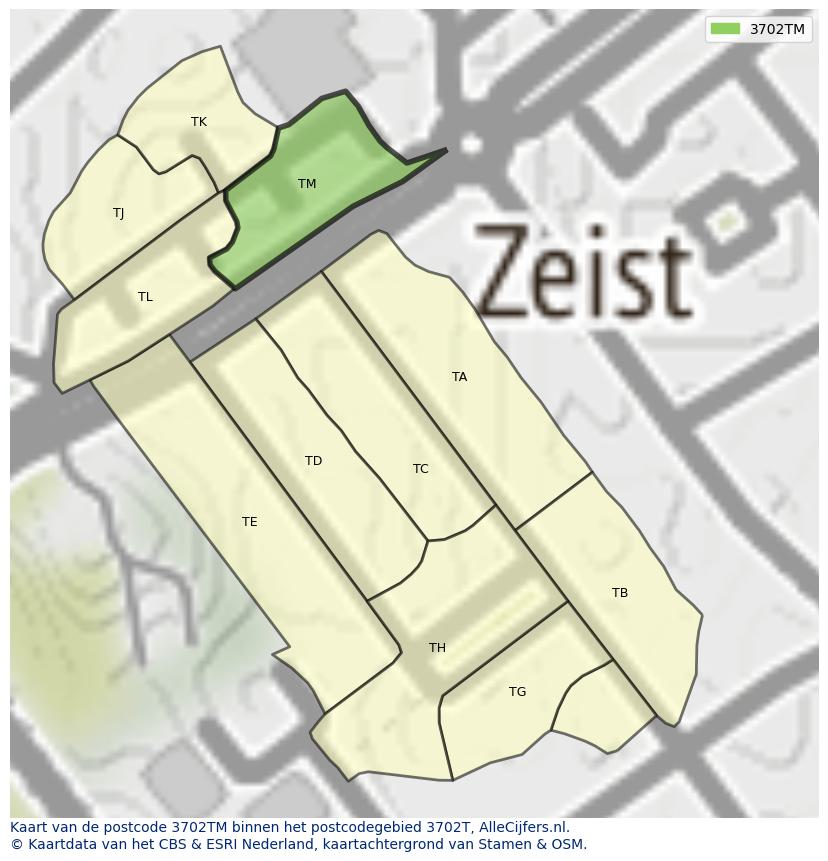 Afbeelding van het postcodegebied 3702 TM op de kaart.