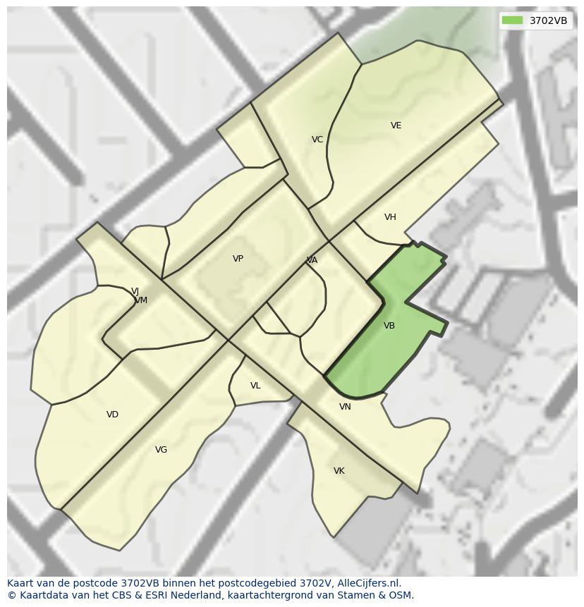 Afbeelding van het postcodegebied 3702 VB op de kaart.