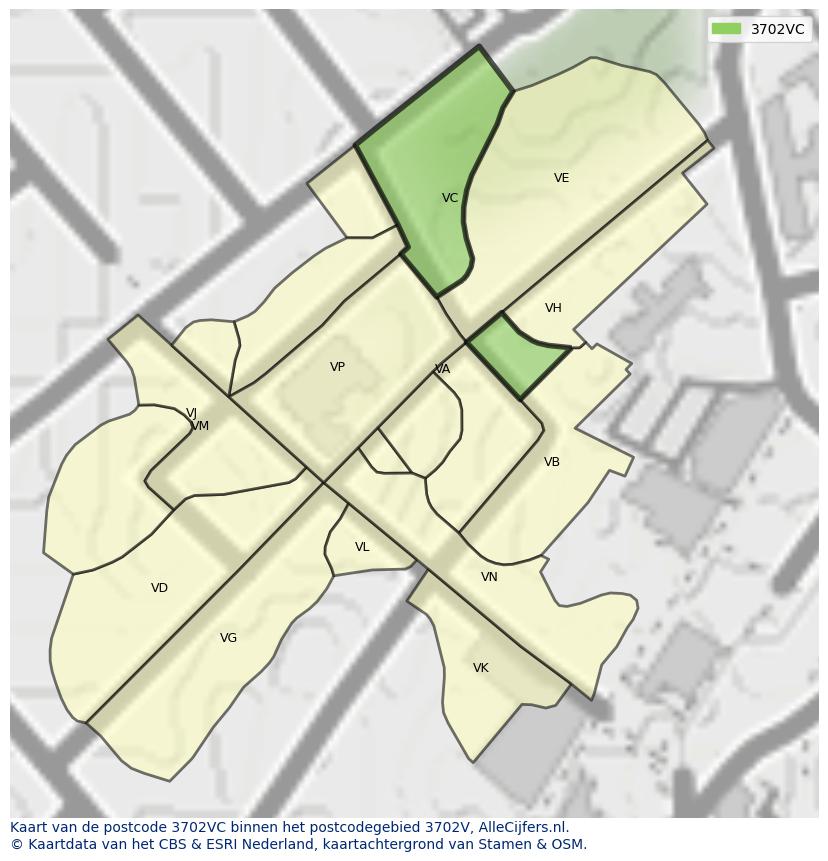 Afbeelding van het postcodegebied 3702 VC op de kaart.