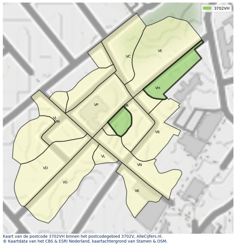 Afbeelding van het postcodegebied 3702 VH op de kaart.