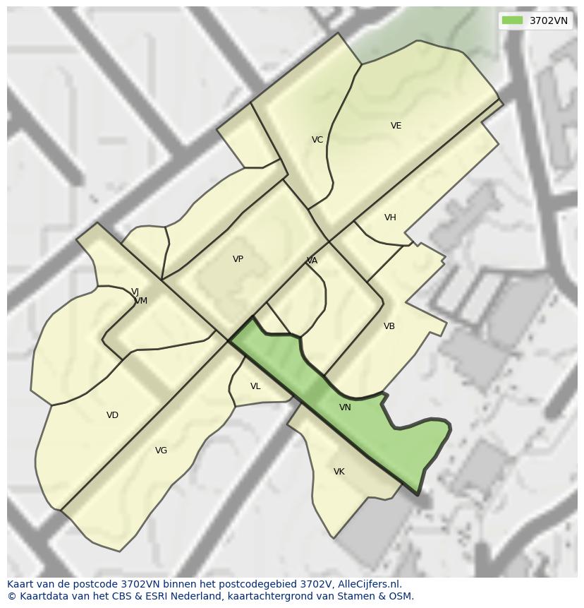 Afbeelding van het postcodegebied 3702 VN op de kaart.