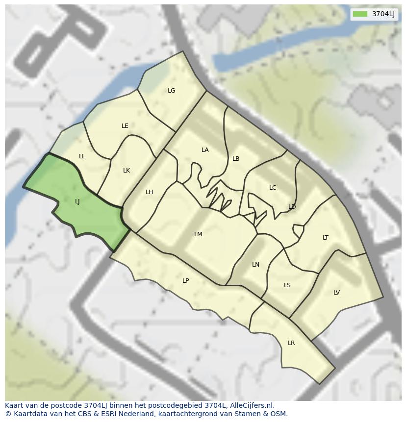 Afbeelding van het postcodegebied 3704 LJ op de kaart.
