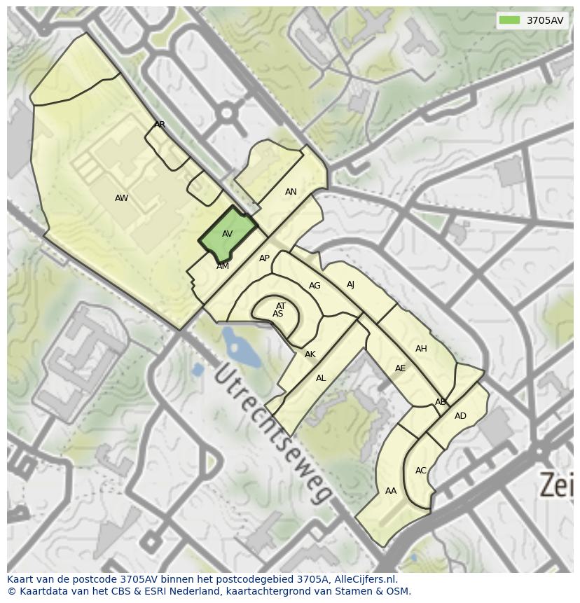 Afbeelding van het postcodegebied 3705 AV op de kaart.