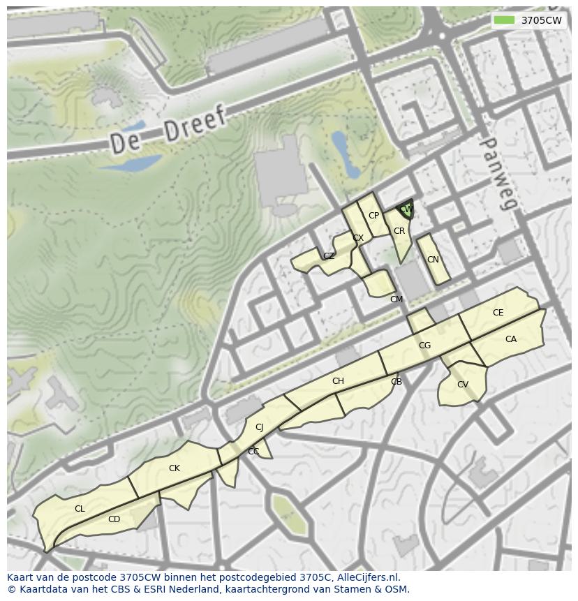 Afbeelding van het postcodegebied 3705 CW op de kaart.