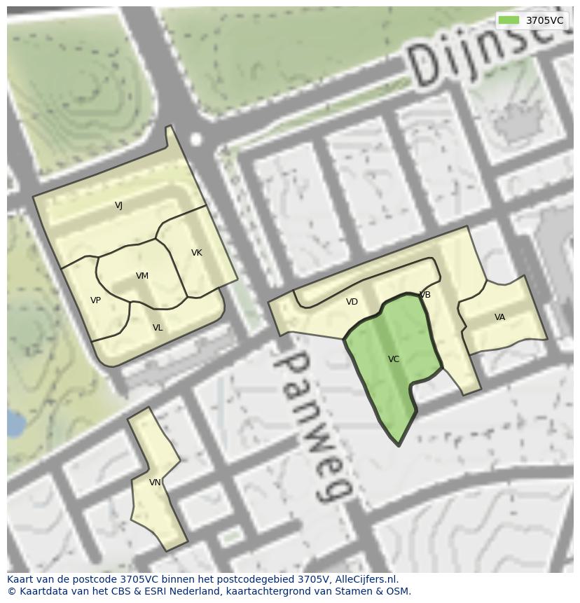 Afbeelding van het postcodegebied 3705 VC op de kaart.