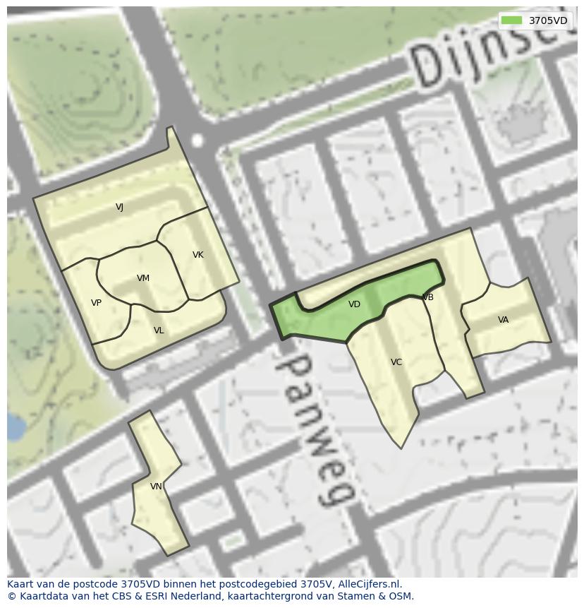 Afbeelding van het postcodegebied 3705 VD op de kaart.