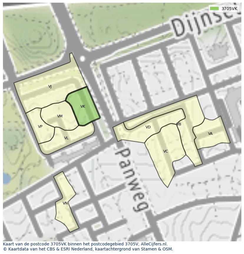 Afbeelding van het postcodegebied 3705 VK op de kaart.