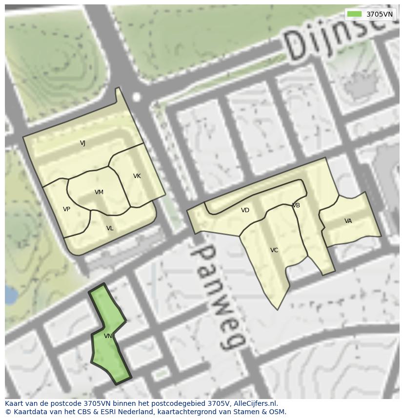 Afbeelding van het postcodegebied 3705 VN op de kaart.