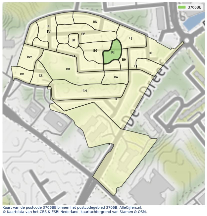 Afbeelding van het postcodegebied 3706 BE op de kaart.