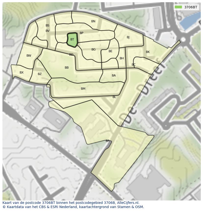 Afbeelding van het postcodegebied 3706 BT op de kaart.