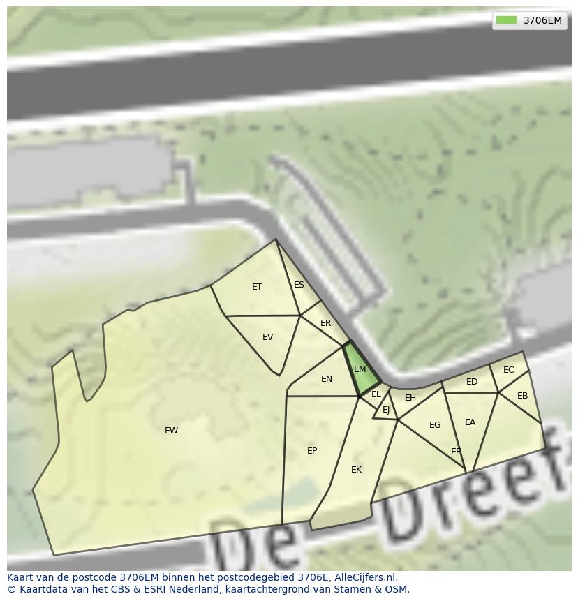 Afbeelding van het postcodegebied 3706 EM op de kaart.