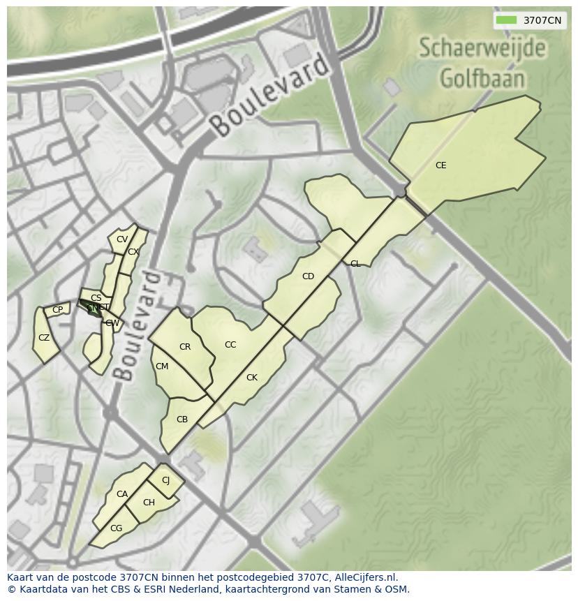 Afbeelding van het postcodegebied 3707 CN op de kaart.