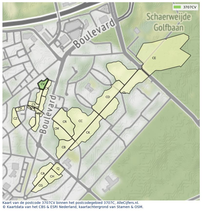 Afbeelding van het postcodegebied 3707 CV op de kaart.
