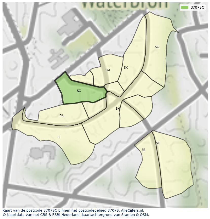 Afbeelding van het postcodegebied 3707 SC op de kaart.