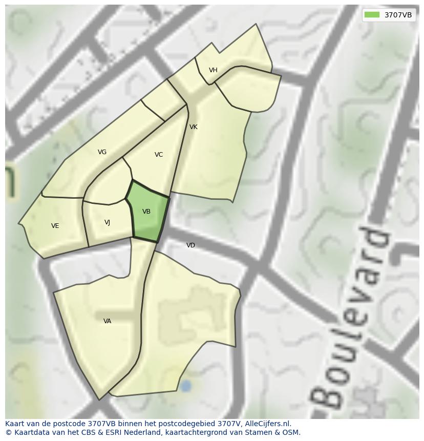 Afbeelding van het postcodegebied 3707 VB op de kaart.