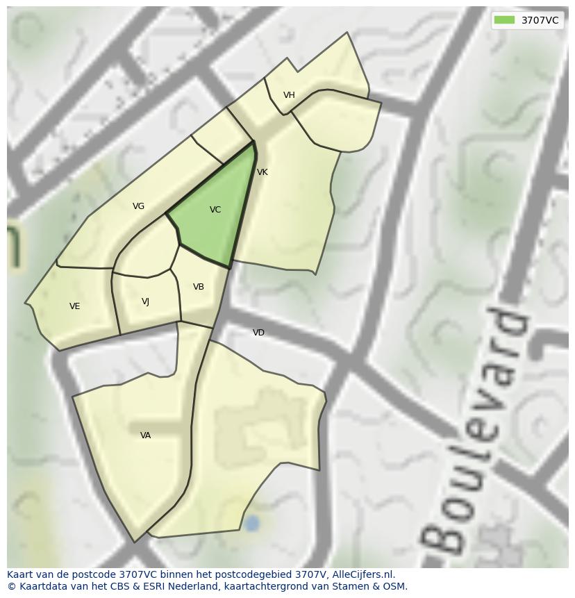 Afbeelding van het postcodegebied 3707 VC op de kaart.