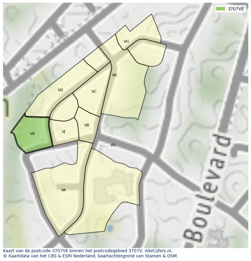 Afbeelding van het postcodegebied 3707 VE op de kaart.