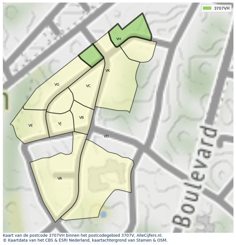 Afbeelding van het postcodegebied 3707 VH op de kaart.
